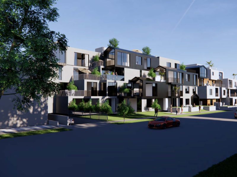 Modern residential building with distinct geometric design and greenery.