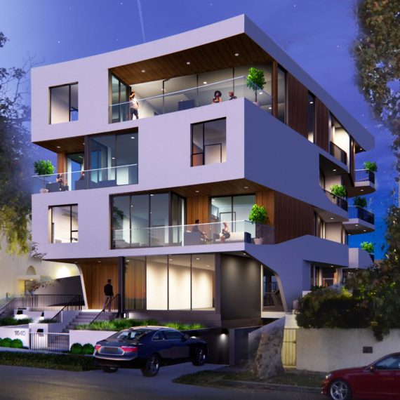 Modern multi-level home with geometric design and large windows at dusk.