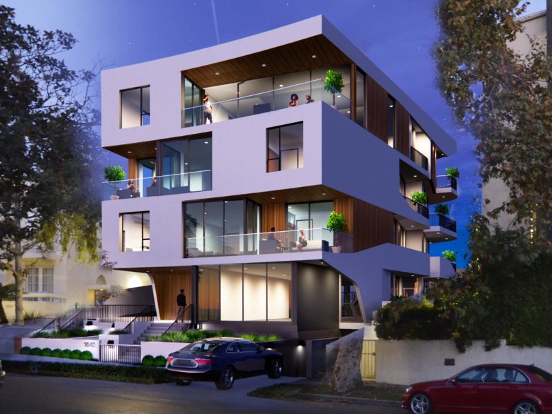 Modern multi-level home with geometric design and large windows at dusk.
