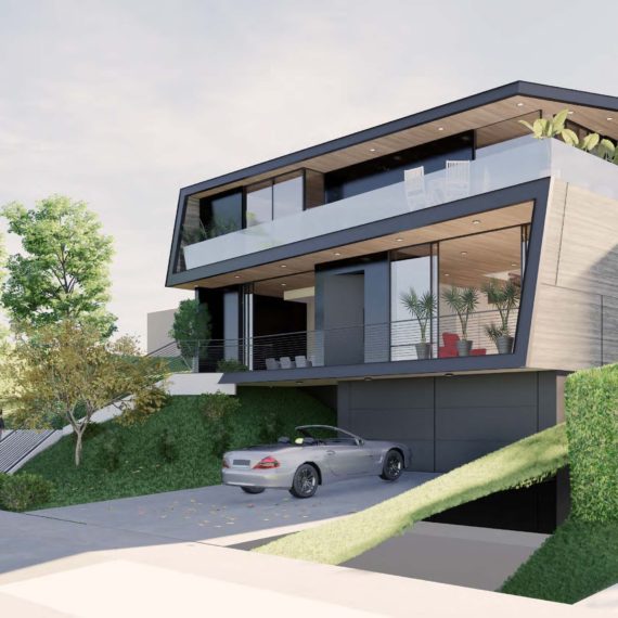 Modern two-story house with sleek design and car parked in driveway.