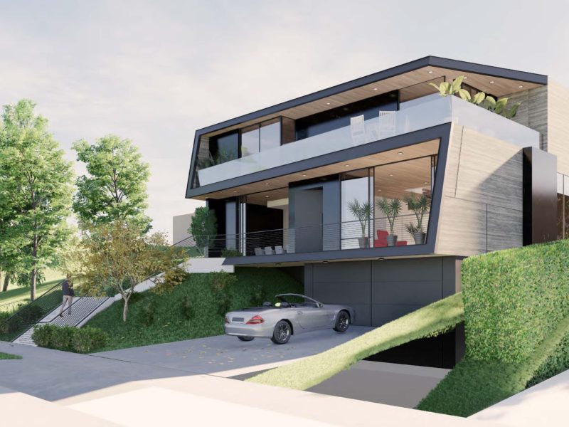 Modern two-story house with sleek design and car parked in driveway.