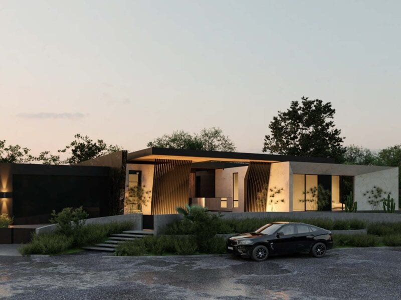 Modern house with warm lighting and a parked car at dusk.