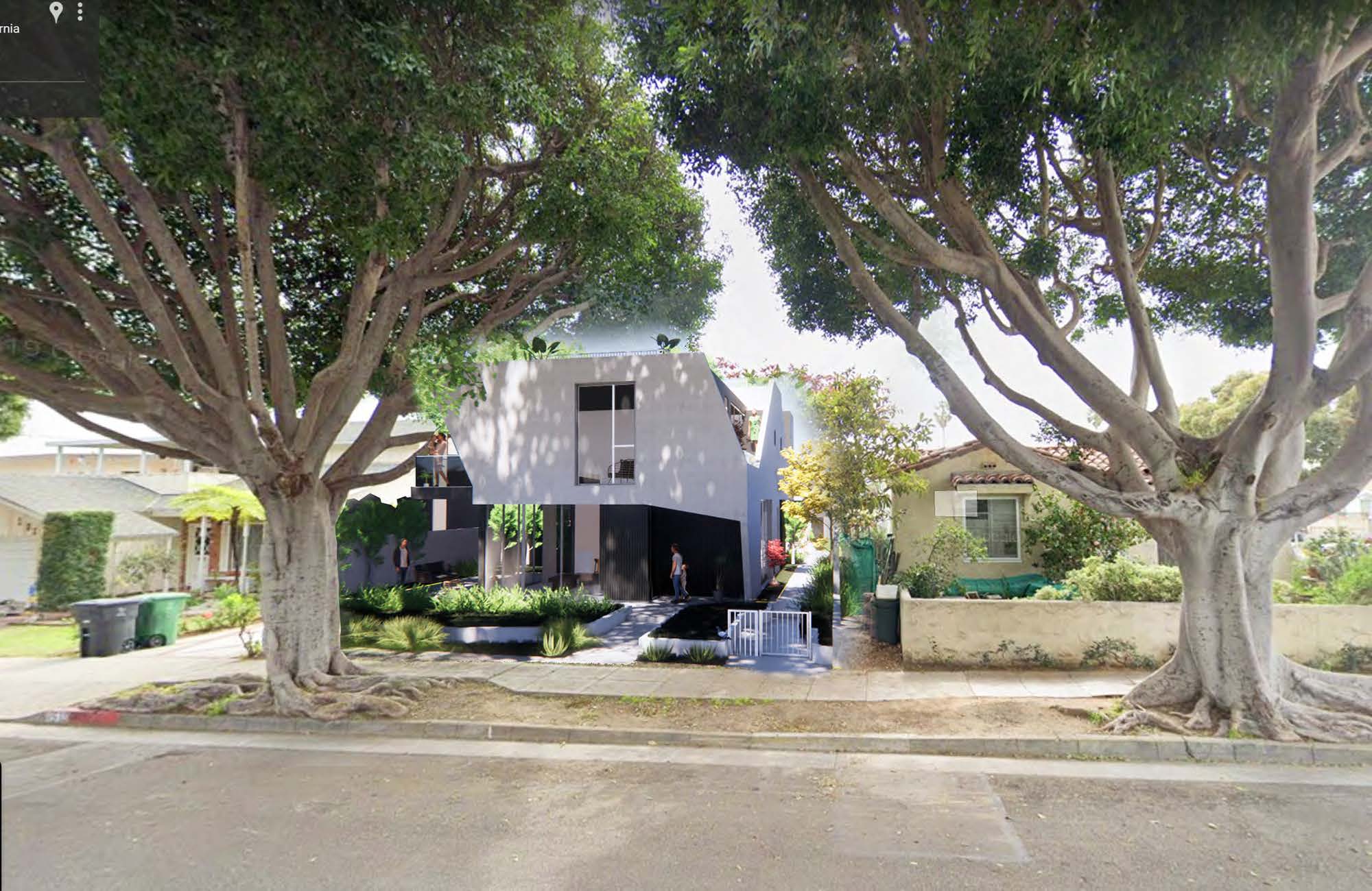 Modern house under large trees on a sunny day.