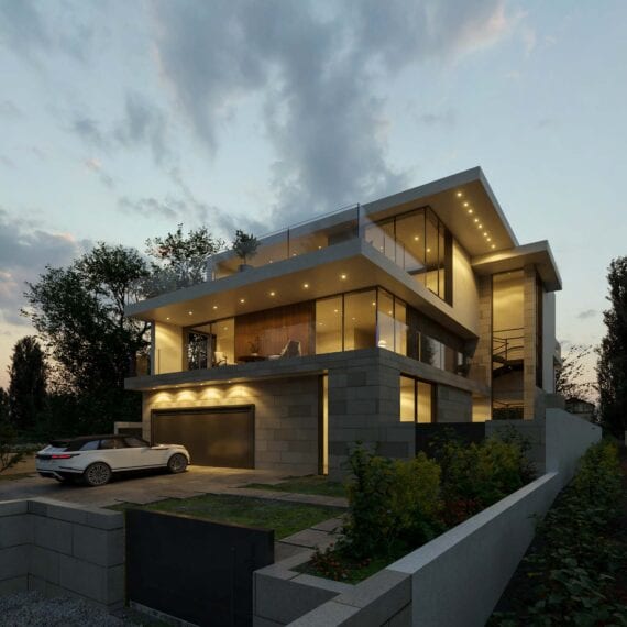 Modern multi-level house with warm lighting at dusk.