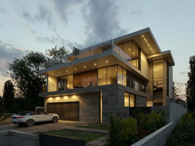 Modern multi-level house with warm lighting at dusk.