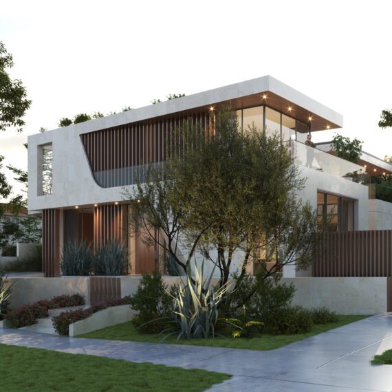 Modern two-story house with wood and white exterior.