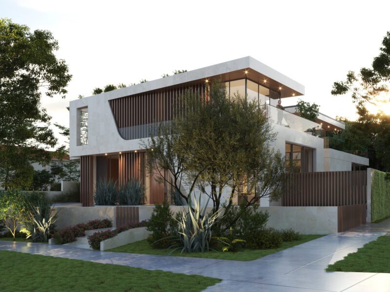 Modern two-story house with wood and white exterior.