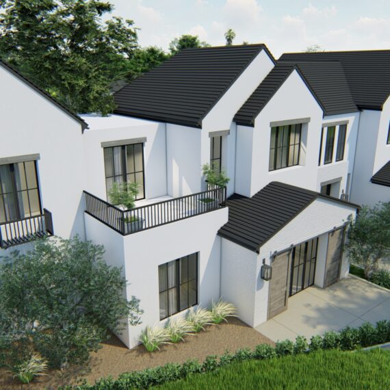 Modern white houses with black roofs and balconies in a green setting.